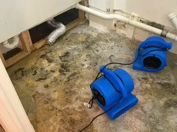 Air movers drying a bare subfloor after a leaking pipe soaked the room