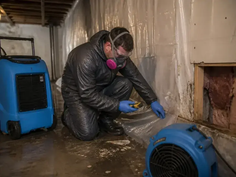Technician in a respirator sealing plastic containment next to a dehumidifier
