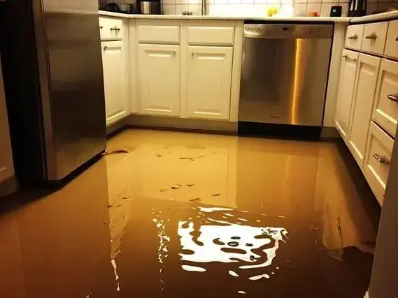 Kitchen floor under standing water after a supply pipe burst