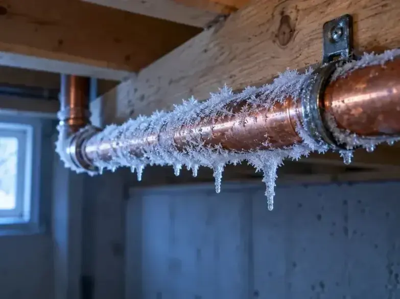 Ice and frost coating a copper supply pipe below the floor joists