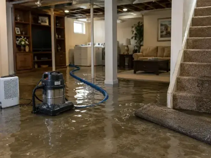 Finished lower level soaked by storm water, with carpet rolled back and a wet vac