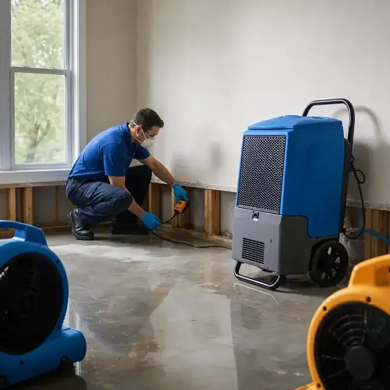 Moisture reading taken at a flood cut beside a dehumidifier and air movers