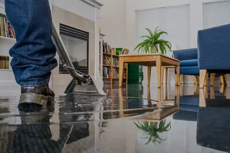 Extraction wand pulling standing water off a flooded living room carpet