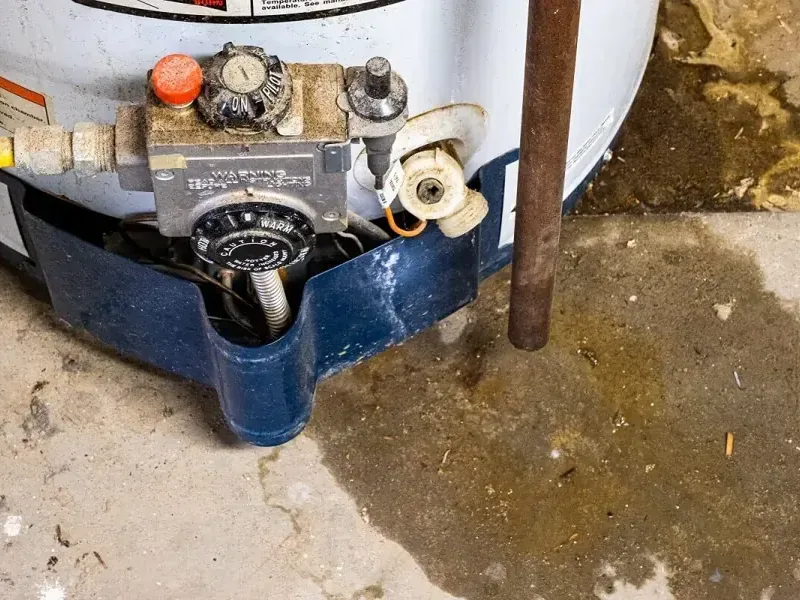Rust and water pooled on a concrete floor at the base of a gas water heater